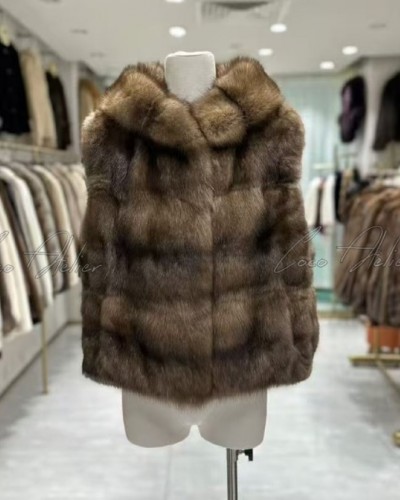 러시안 소볼 세이블 후드 조끼